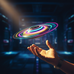 Flynova Mini UFO Spinner hovering above hand with colorful LED light trails