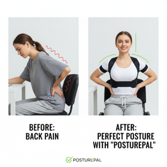 Before and after split image showing slouching versus perfect posture with posture corrector
