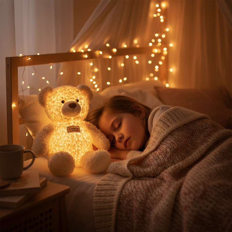 Soft glowing plush toy next to a sleeping child in a cozy bedroom with fairy lights