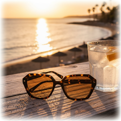 Trendy fashion sunglasses on a sun-drenched surface with golden hour beach backdrop