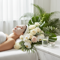 Woman relaxing with collagen sheet face mask surrounded by fresh flowers and botanicals on white marble